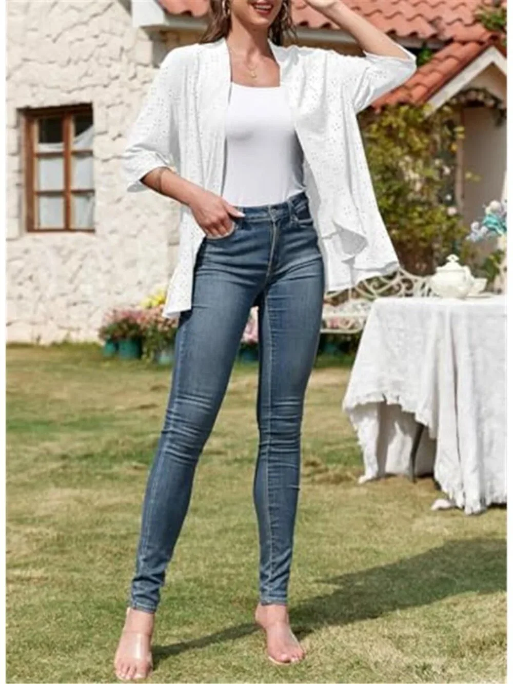 Womens Crochet Cardigan Lightweight Knit Open Front Half Sleeve Summer Sweater